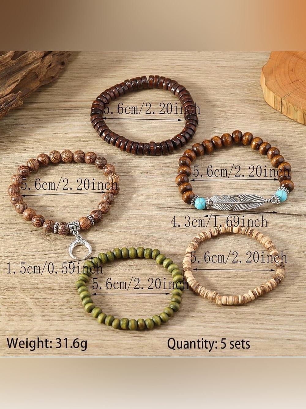 🌙✨5pcs Western Brown, Olive & Turquoise Beaded Layered Bracelet Set - Picture 4 of 7